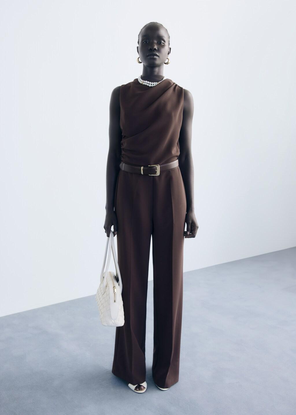 Brown Cowl Neck Belted Jumpsuit, , large image number 0