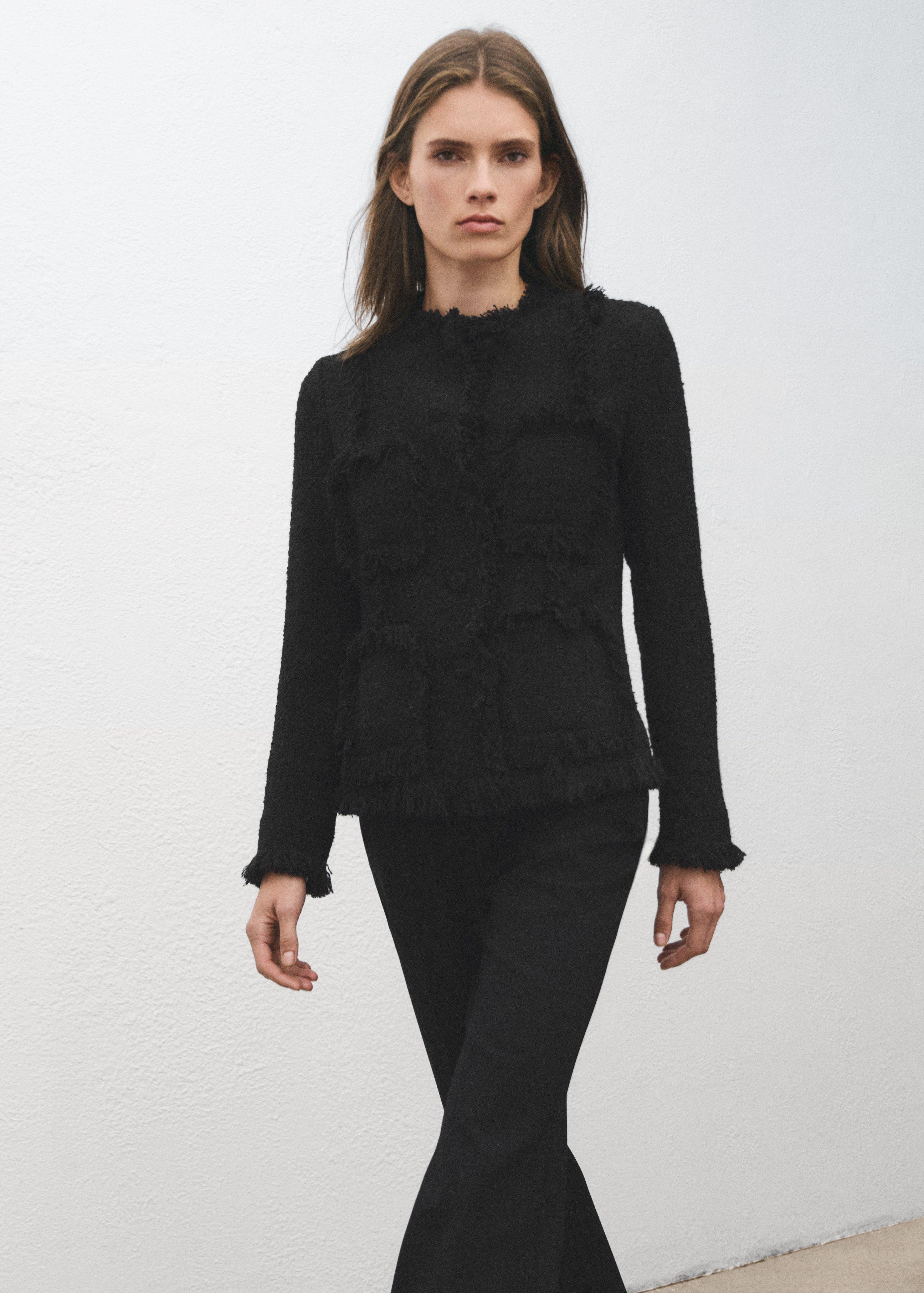 Black Tweed Jacket With Frayed Ends, Black, large image number 3