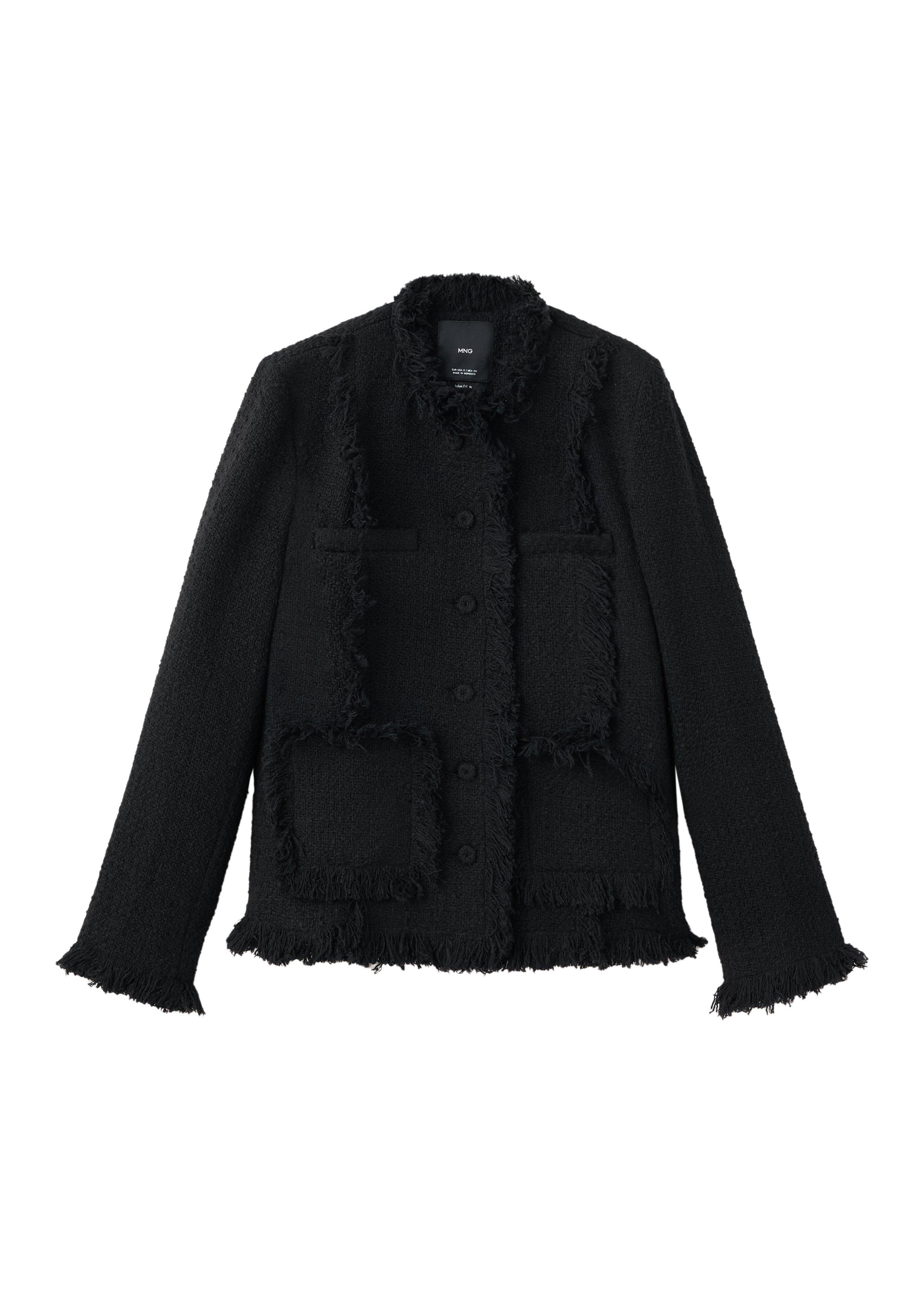 Black Tweed Jacket With Frayed Ends, Black, large image number 6