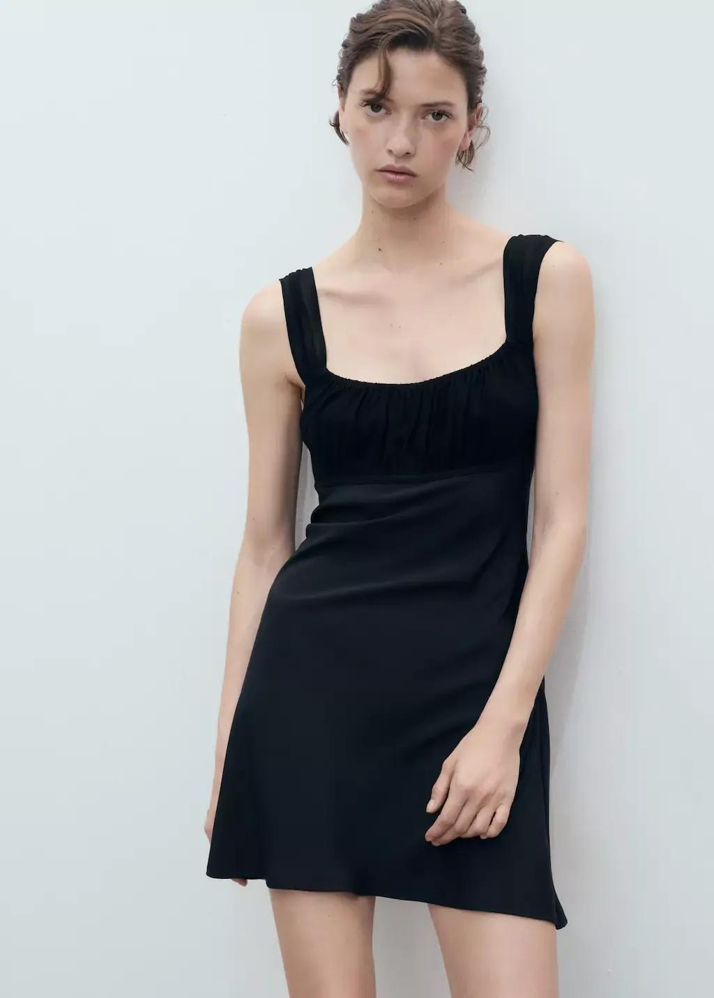 Black Short Dress With Ruched Neckline, Black, large image number 0