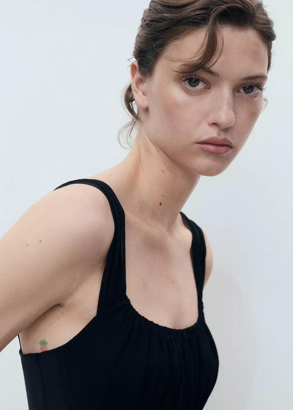 Black Short Dress With Ruched Neckline, Black, large image number 1