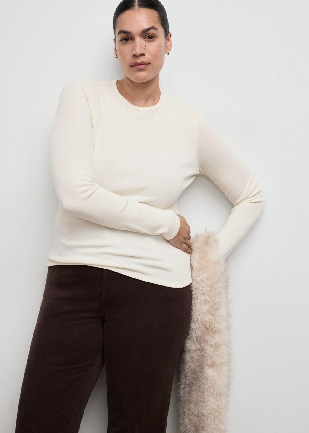 White Ribbed Long-Sleeved T-Shirt, Natural White, large image number 6