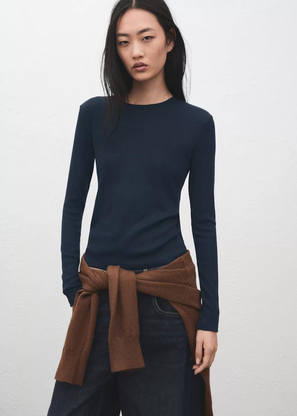 Navy Ribbed Long-Sleeved T-Shirt, Dark Blue, large image number 3