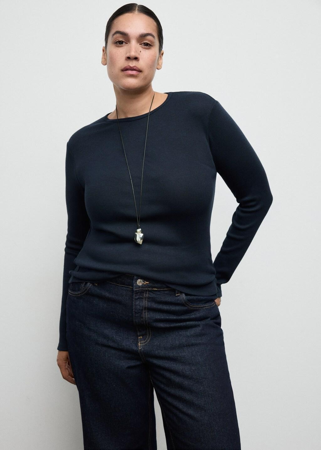 Navy Ribbed Long-Sleeved T-Shirt, Dark Blue, large image number 6