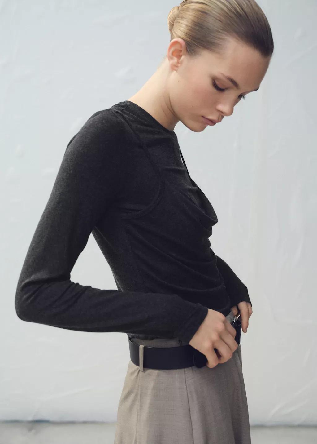 Grey Draped Combined T-Shirt, Dark Grey, large image number 3