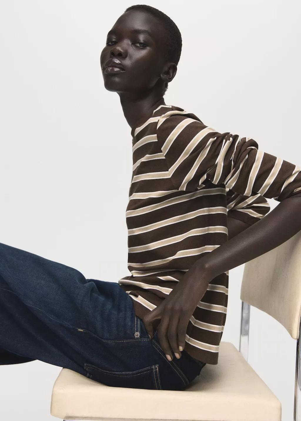 Brown Long-Sleeve Striped T-Shirt, Brown, large image number 3