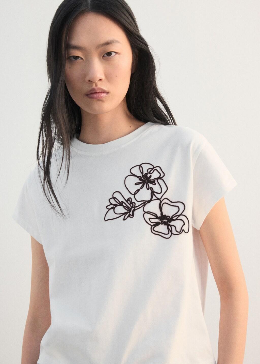 White Floral-Embroidered Cotton T-Shirt, Natural White, large image number 4