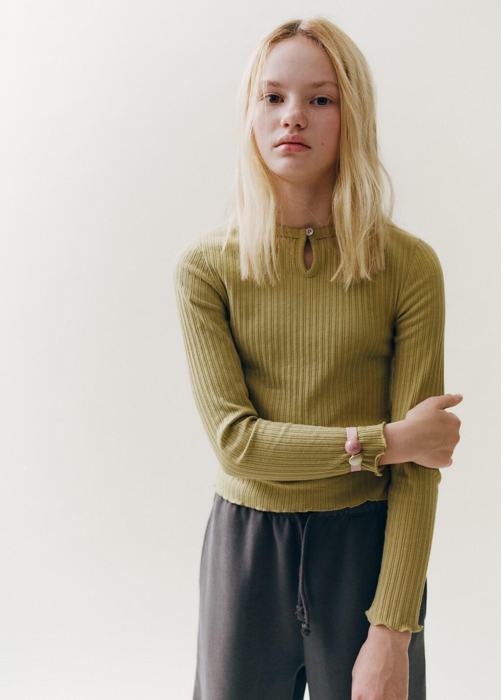 Green Ribbed Long-Sleeved T-Shirt, Kids Girls, Dark Green, medium
