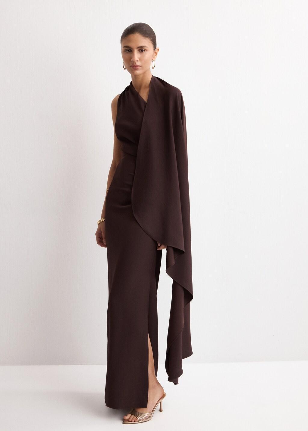 Brown Asymmetrical Dress With Scarf, Dark Brown, large image number 0