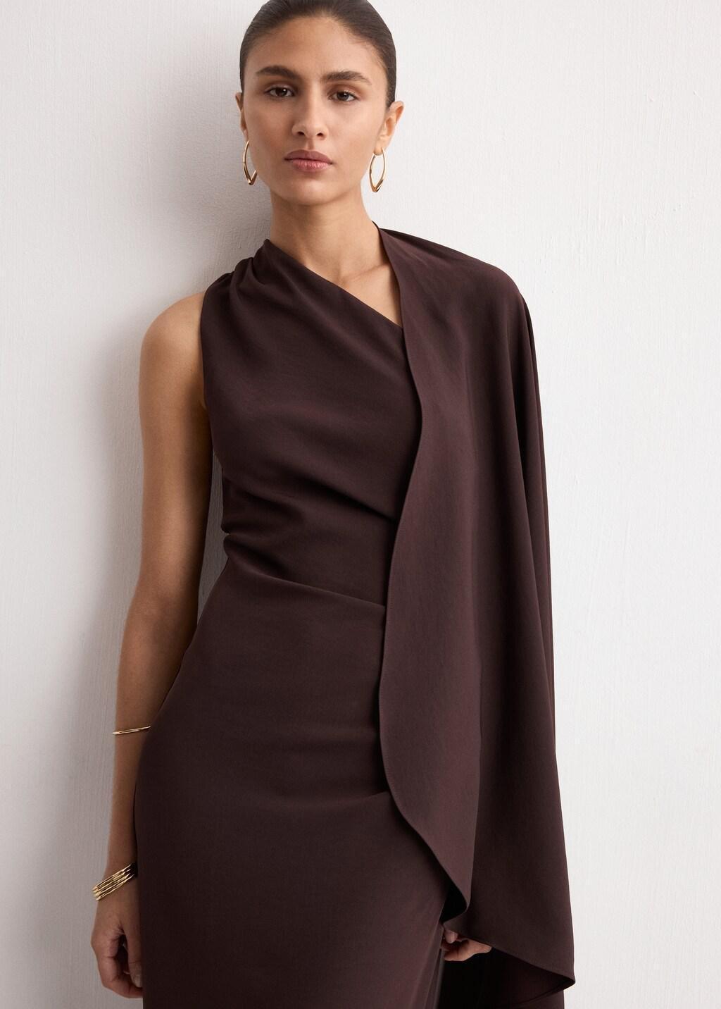 Brown Asymmetrical Dress With Scarf, Dark Brown, large image number 3