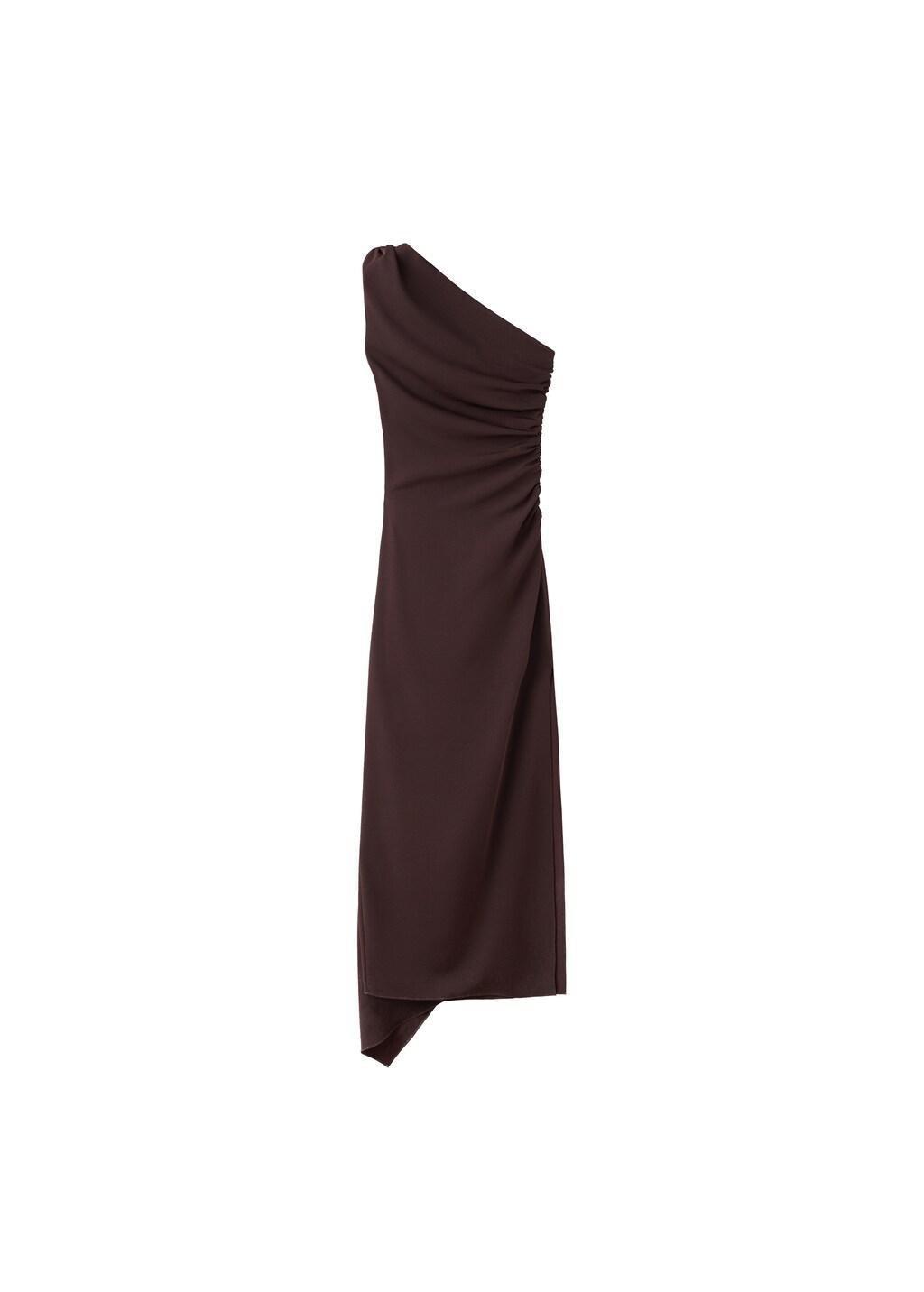 Brown Asymmetrical Dress With Scarf, Dark Brown, large image number 6