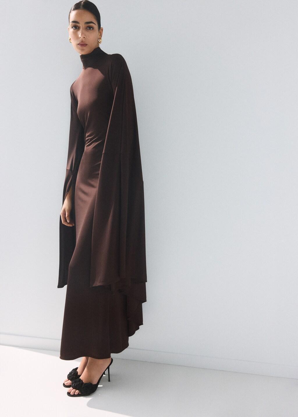 Brown Long-Sleeved Slit Dress, Dark Brown, large image number 0