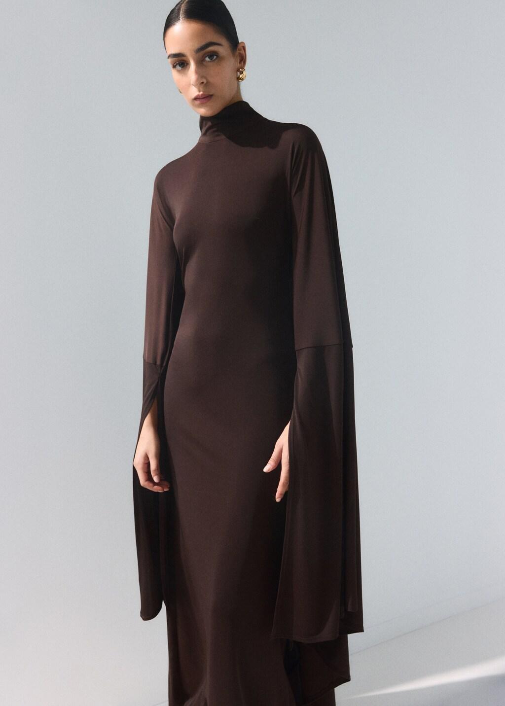 Brown Long-Sleeved Slit Dress, Dark Brown, large image number 3