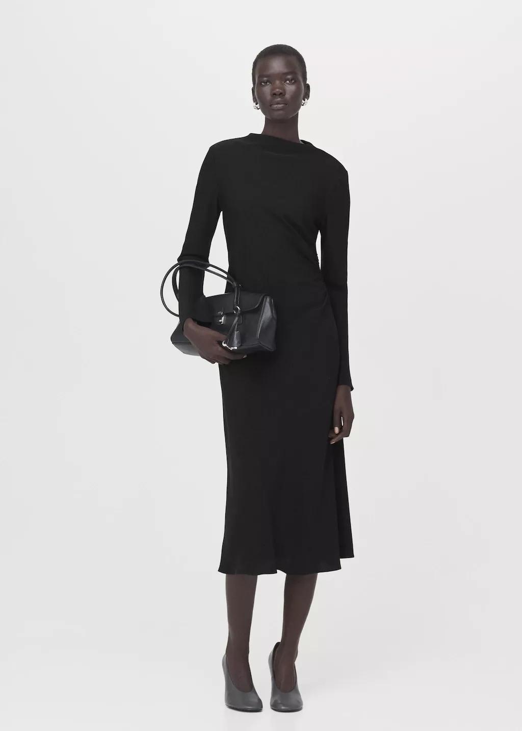 Black Ruched Midi Dress, Black, large image number 0