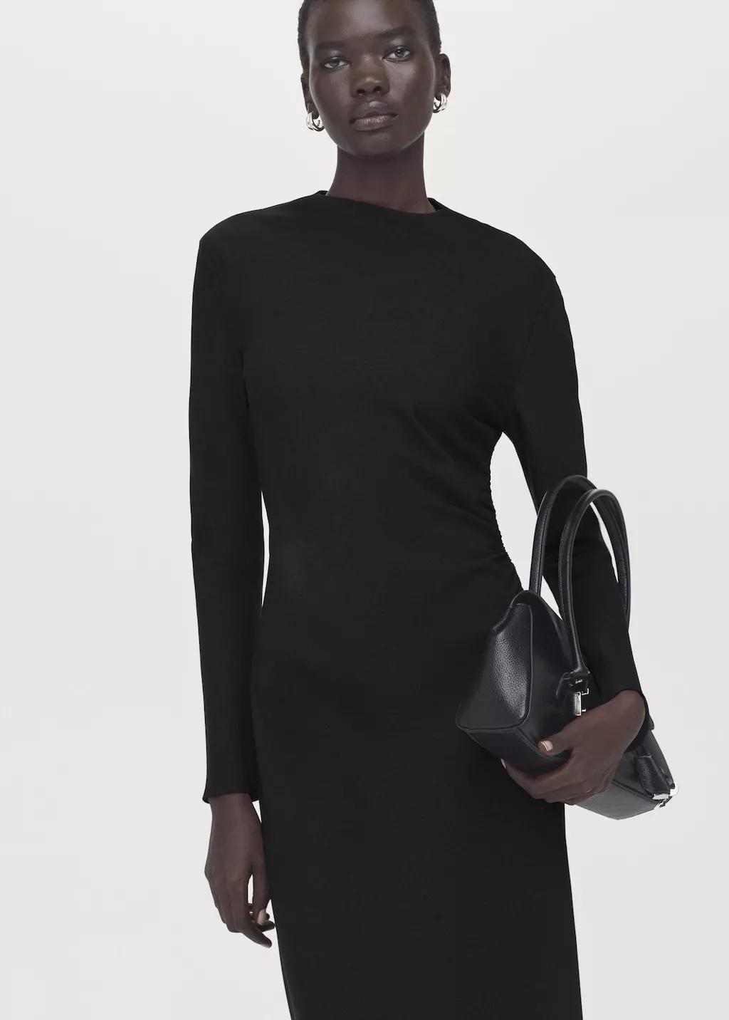 Black Ruched Midi Dress, Black, large image number 3