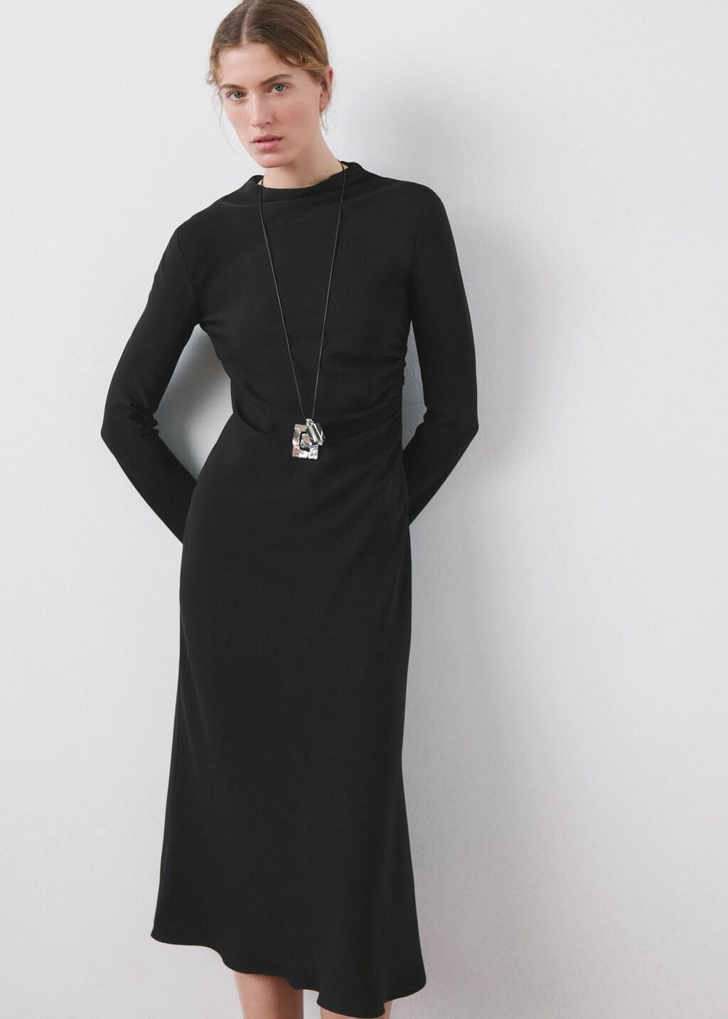 Black Ruched Midi Dress, Black, large image number 3