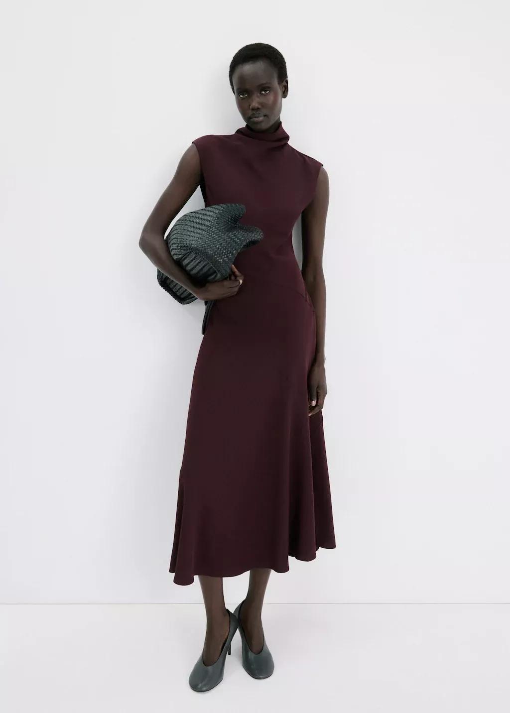 Burgundy Long Dress With Draped Neck, 0201_77, large image number 0