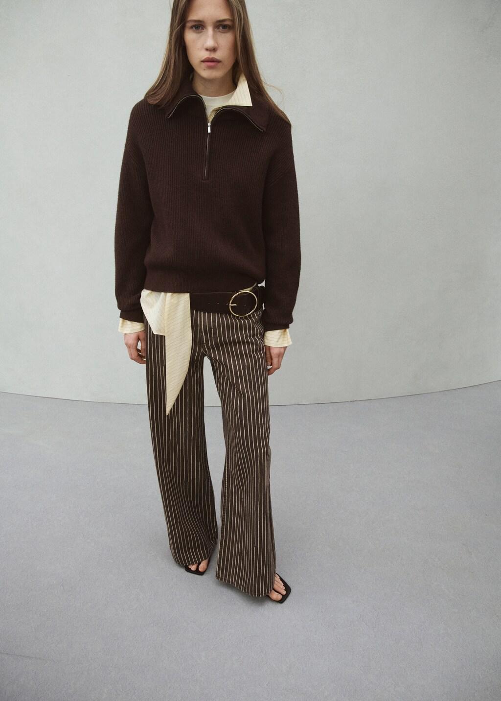 Brown Wide Leg Striped Jeans, Dark Brown, large image number 0