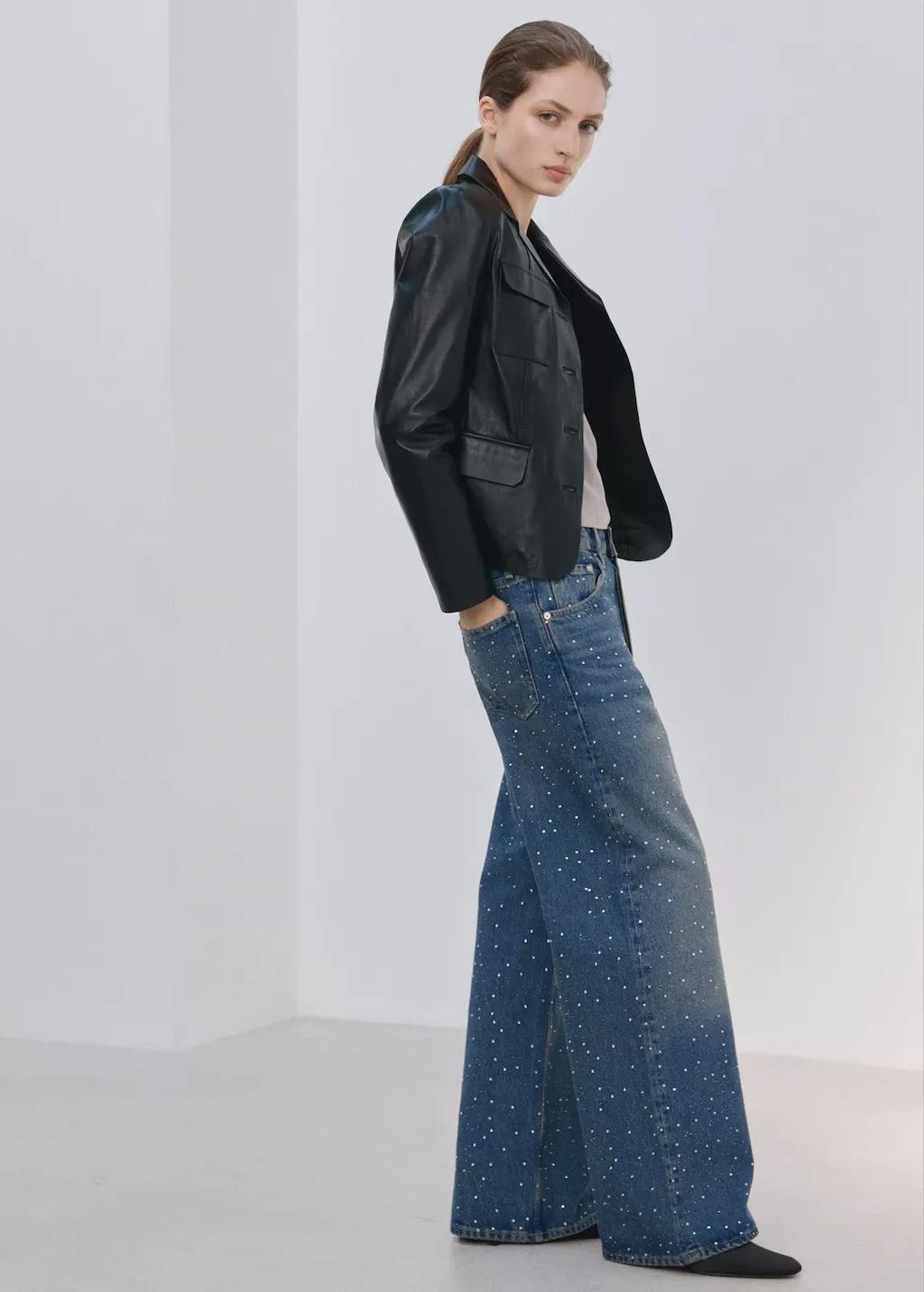 Blue Wide Leg Jeans With Rhinestones, Open Blue, large image number 0