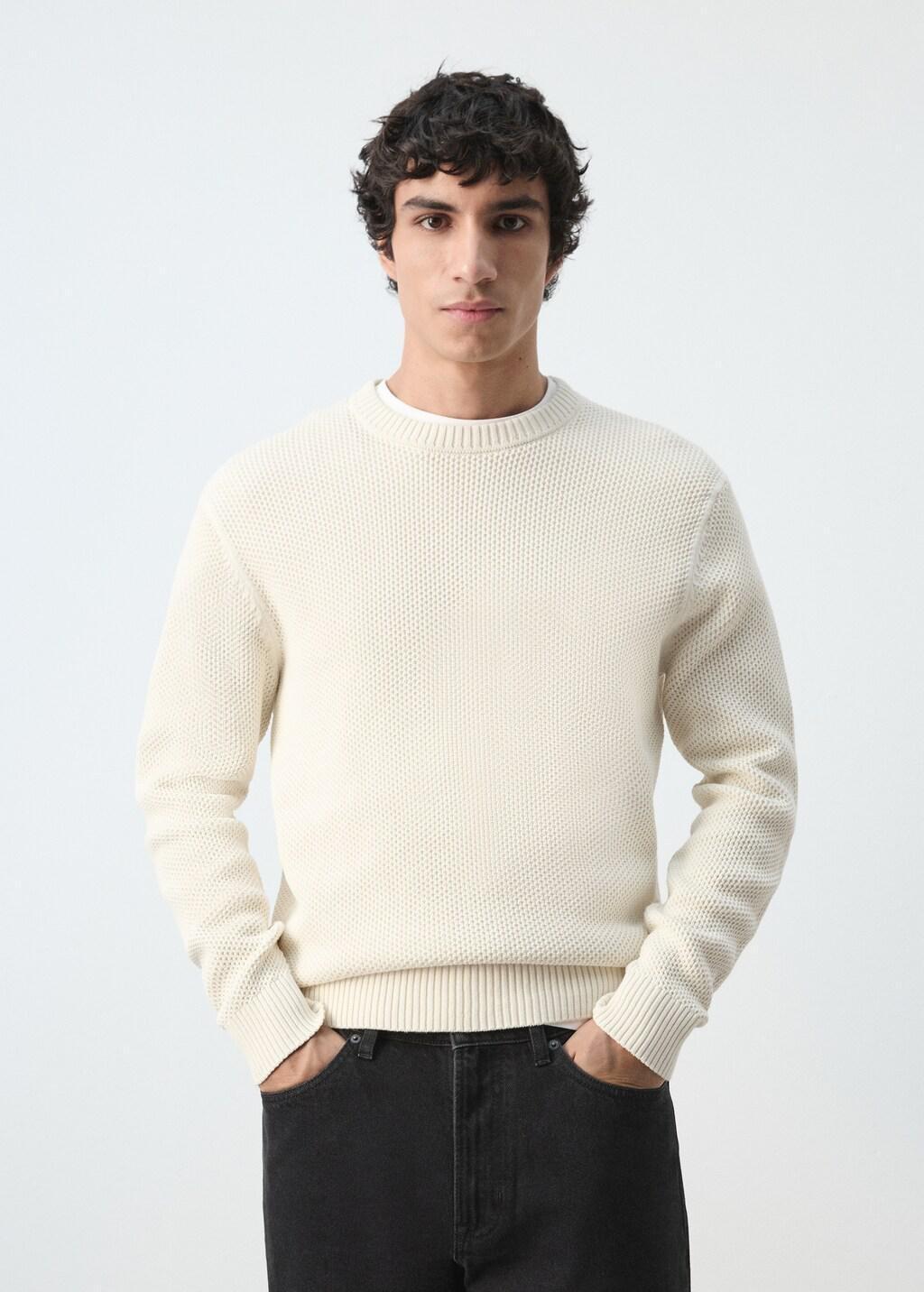 Ecru Medium-Knit Microstructure Sweater, Light Beige, large image number 3