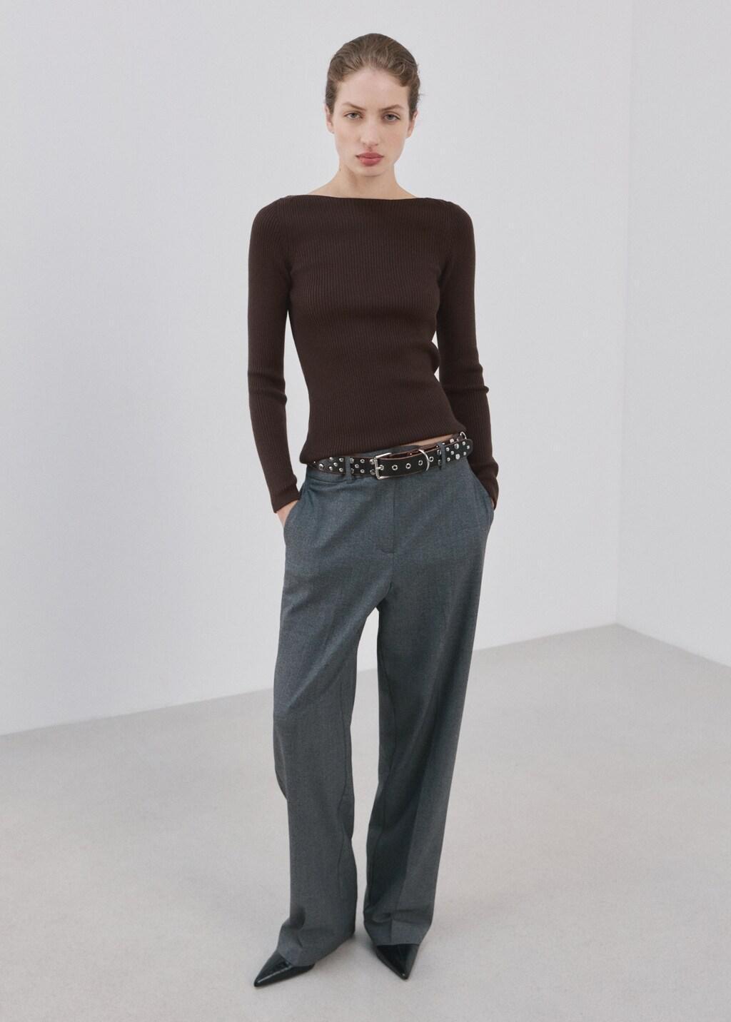 Brown Boat-Neck Knitted Sweater, Dark Brown, large image number 0