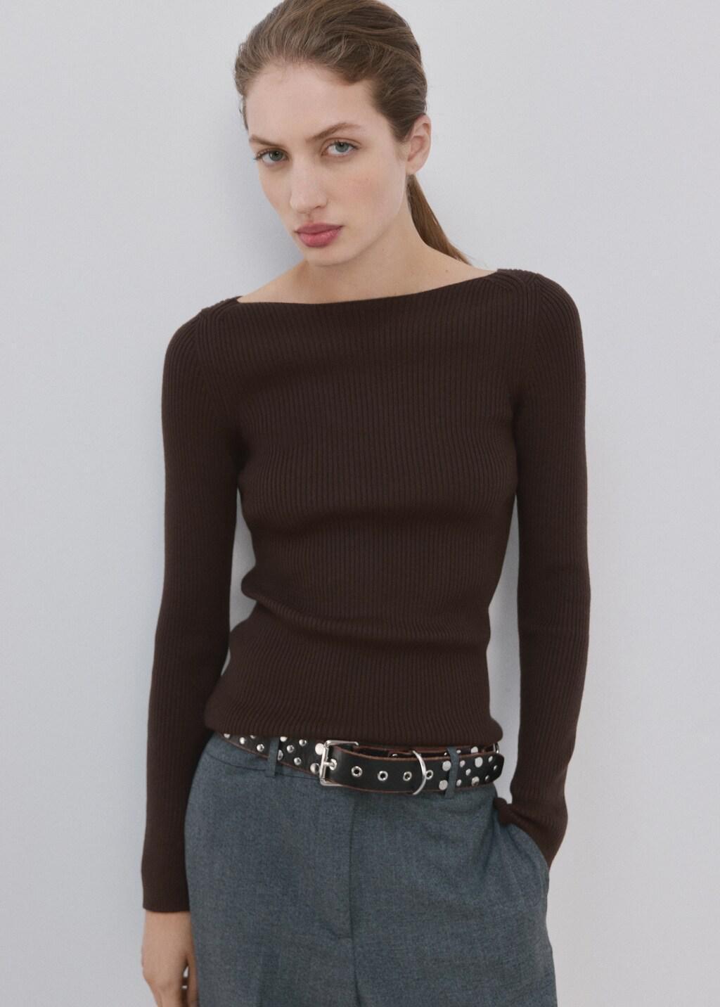 Brown Boat-Neck Knitted Sweater, Dark Brown, large image number 3