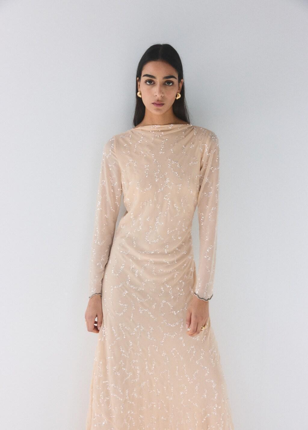 Beige Sequin Dress With Open Back, Light Beige, large image number 3