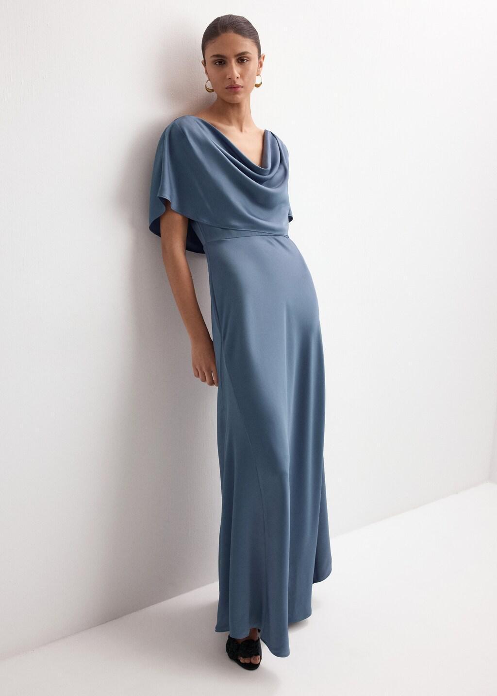 Grey Long Dress With Draped Neck, Charcoal, large image number 0