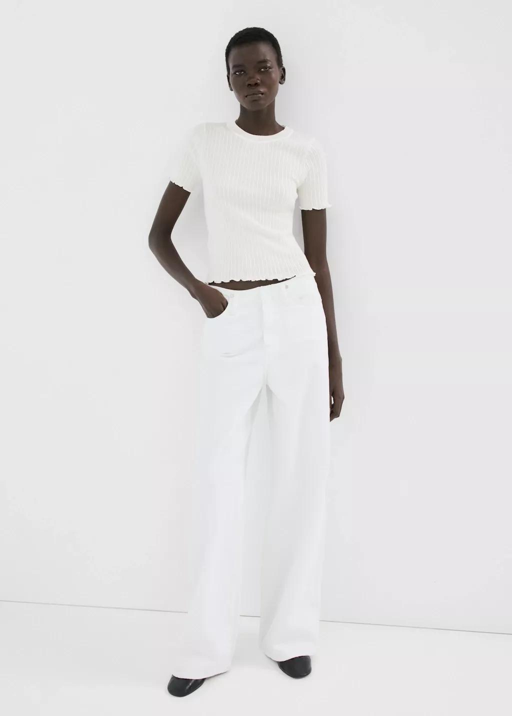 Beige Ribbed Knit T-Shirt, 0201_05, large image number 0
