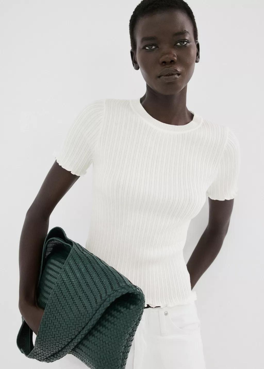 Beige Ribbed Knit T-Shirt, 0201_05, large image number 3
