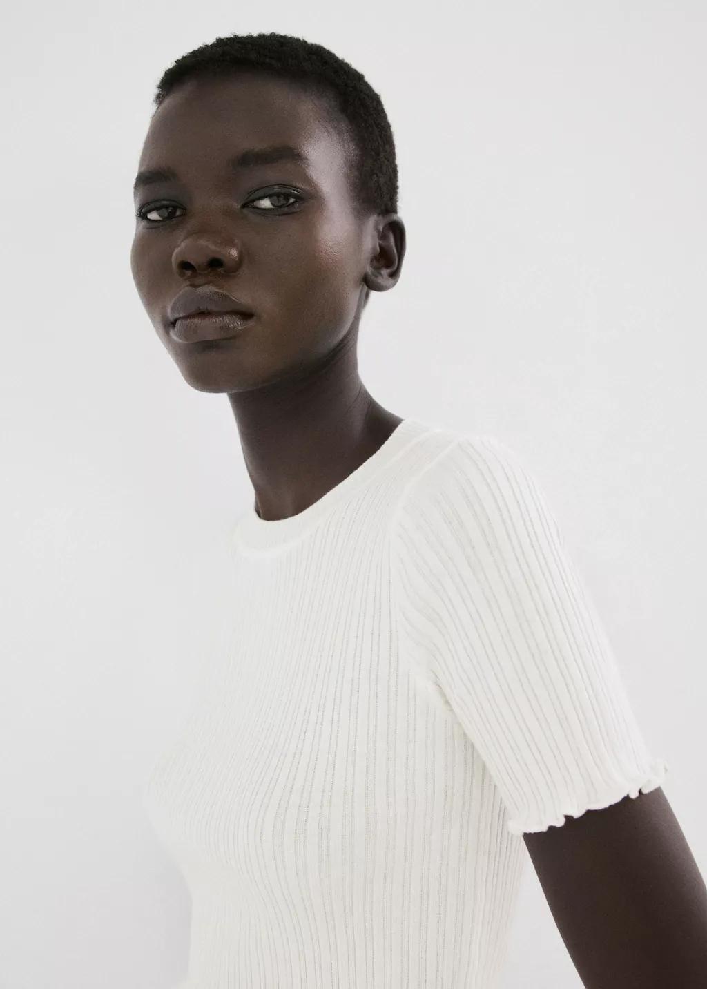 Beige Ribbed Knit T-Shirt, 0201_05, large image number 4