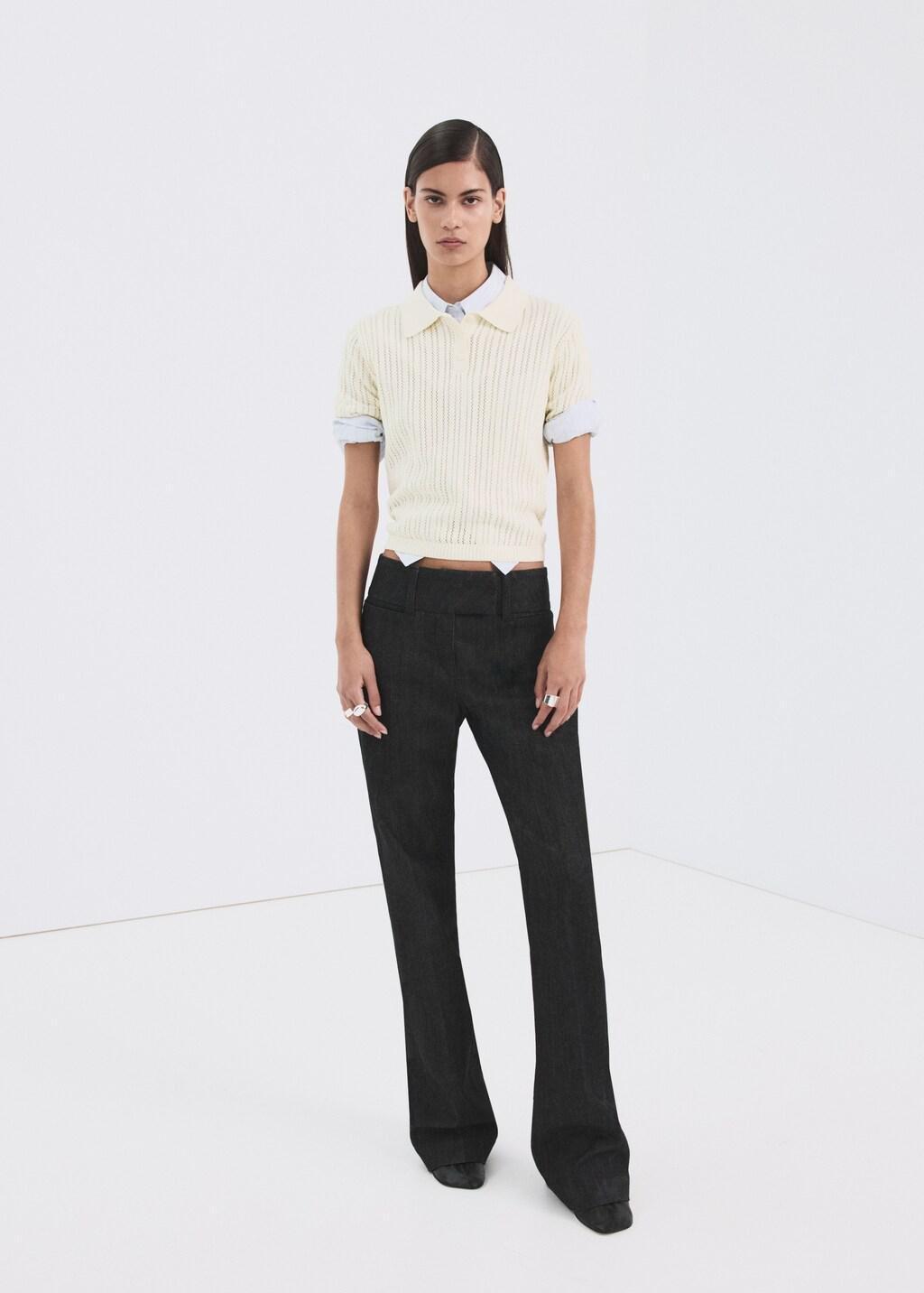 Beige Openwork Knitted Polo-Neck Sweater, 0201_05, large image number 0