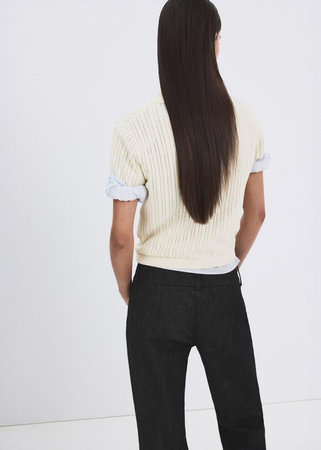 Beige Openwork Knitted Polo-Neck Sweater, 0201_05, large image number 2