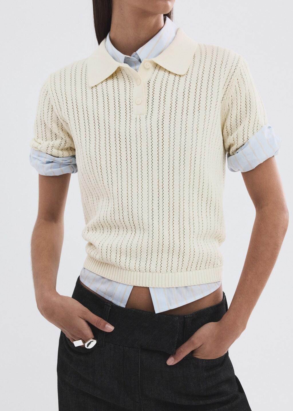 Beige Openwork Knitted Polo-Neck Sweater, 0201_05, large image number 3