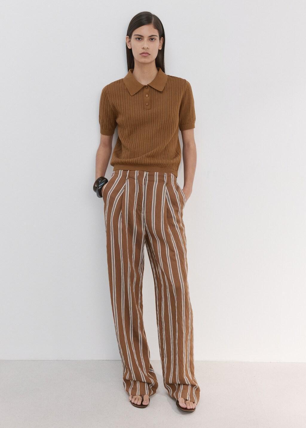 Brown Openwork Knitted Polo-Neck Sweater, Dark Brown, medium