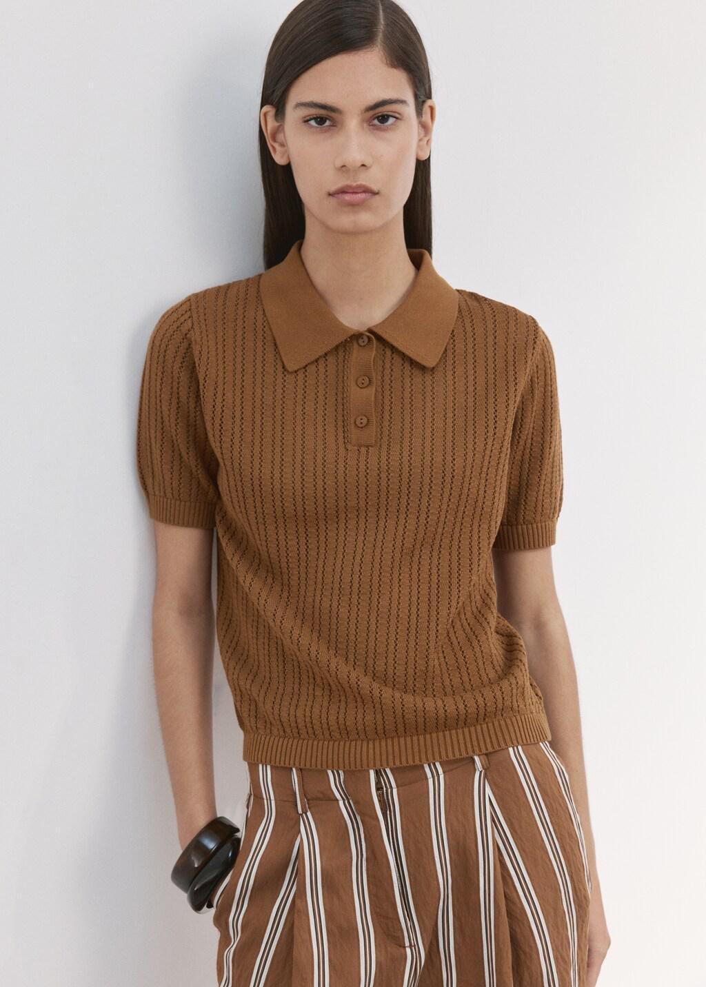 Brown Openwork Knitted Polo-Neck Sweater, Dark Brown, large image number 3