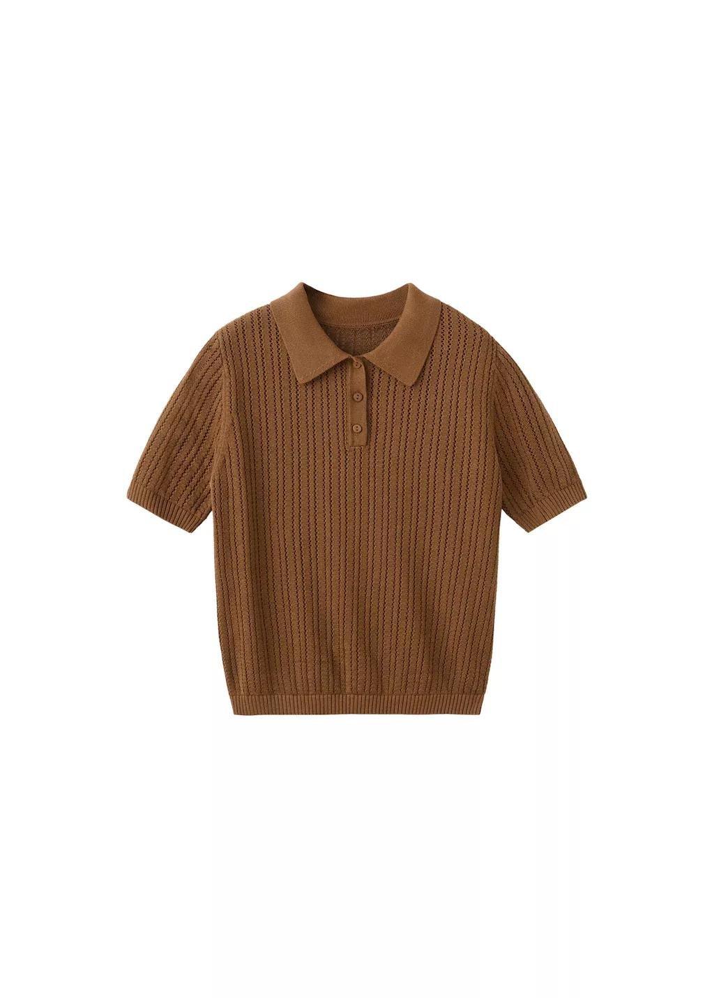 Brown Openwork Knitted Polo-Neck Sweater, Dark Brown, large image number 6