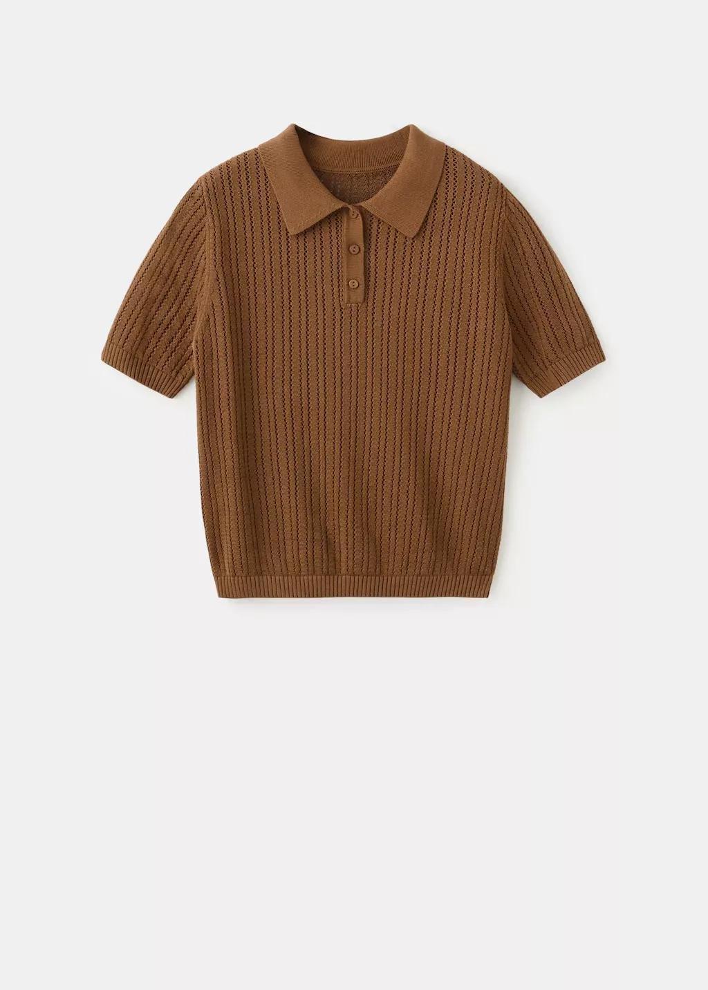 Brown Openwork Knitted Polo-Neck Sweater, Dark Brown, large image number 7