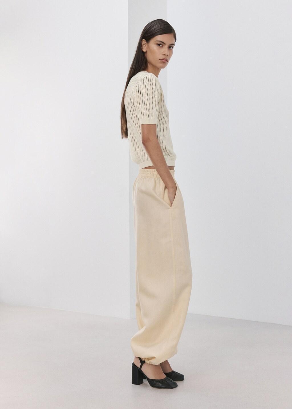 Beige Short-Sleeved Openwork Knitted Sweater, Light Beige, medium