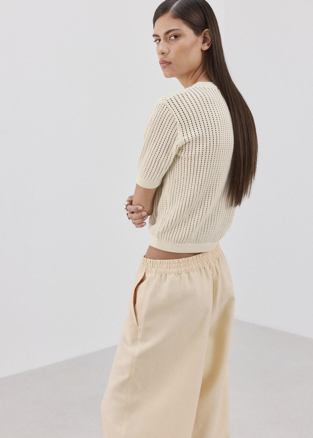 Beige Short-Sleeved Openwork Knitted Sweater, Light Beige, medium