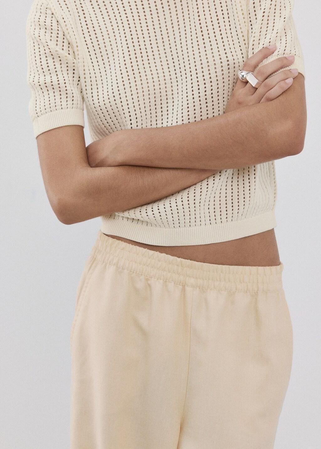 Beige Short-Sleeved Openwork Knitted Sweater, Light Beige, large image number 6