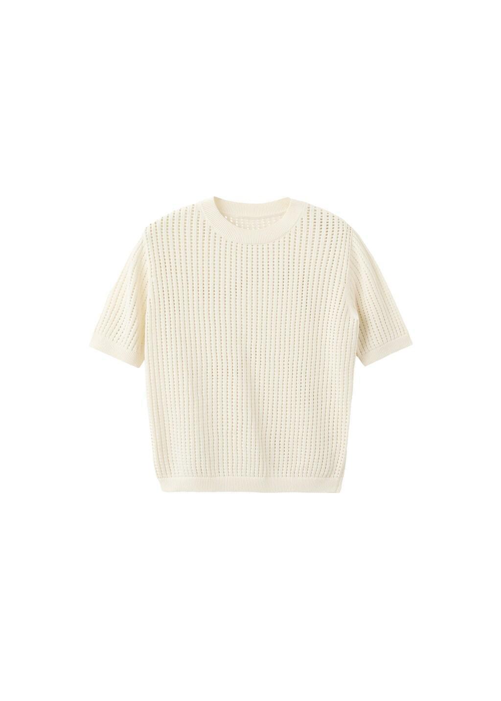 Beige Short-Sleeved Openwork Knitted Sweater, Light Beige, large image number 7