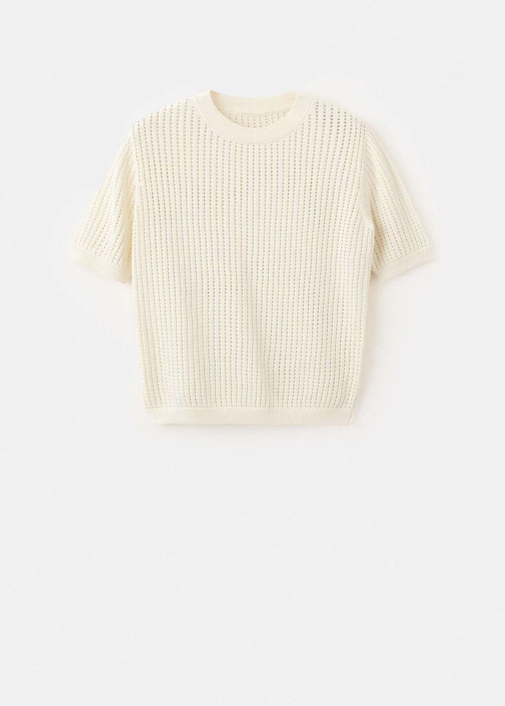 Beige Short-Sleeved Openwork Knitted Sweater, Light Beige, large image number 8