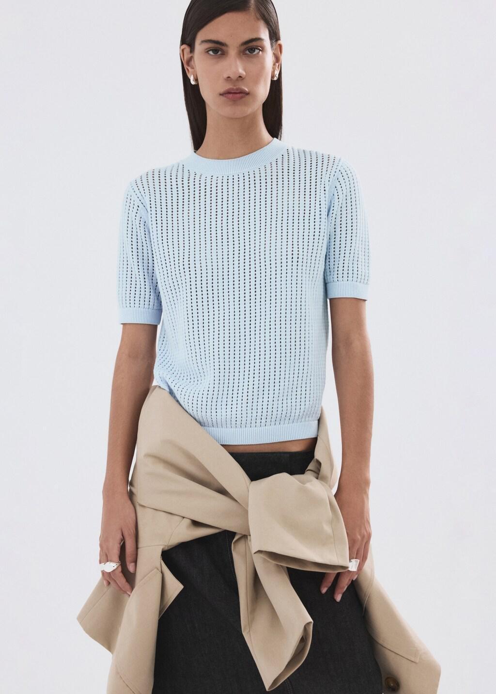 Blue Lt Pastel Short-Sleeved Openwork Knitted Sweater, Light-Pastel Blue, large image number 3