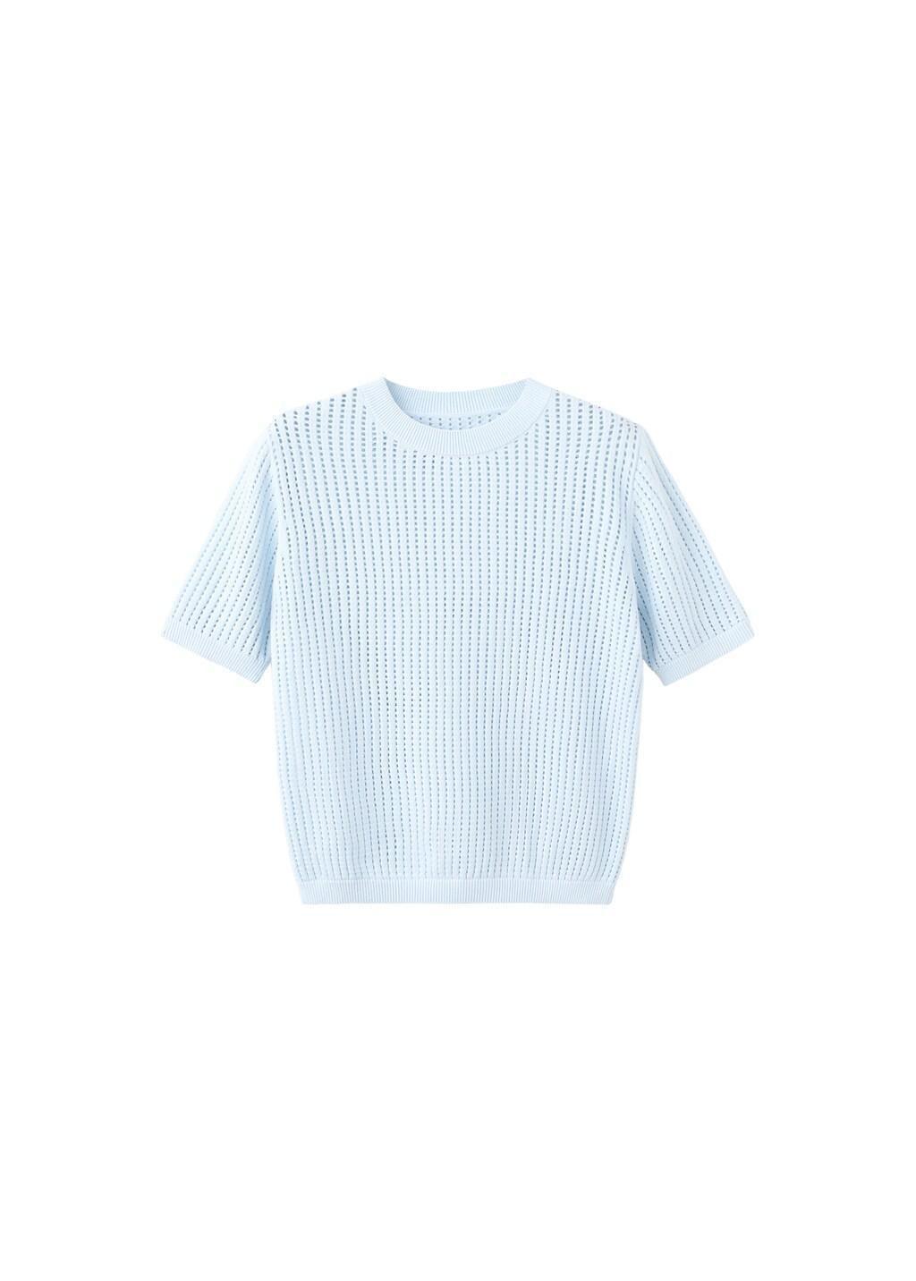 Blue Lt Pastel Short-Sleeved Openwork Knitted Sweater, Light-Pastel Blue, large image number 7