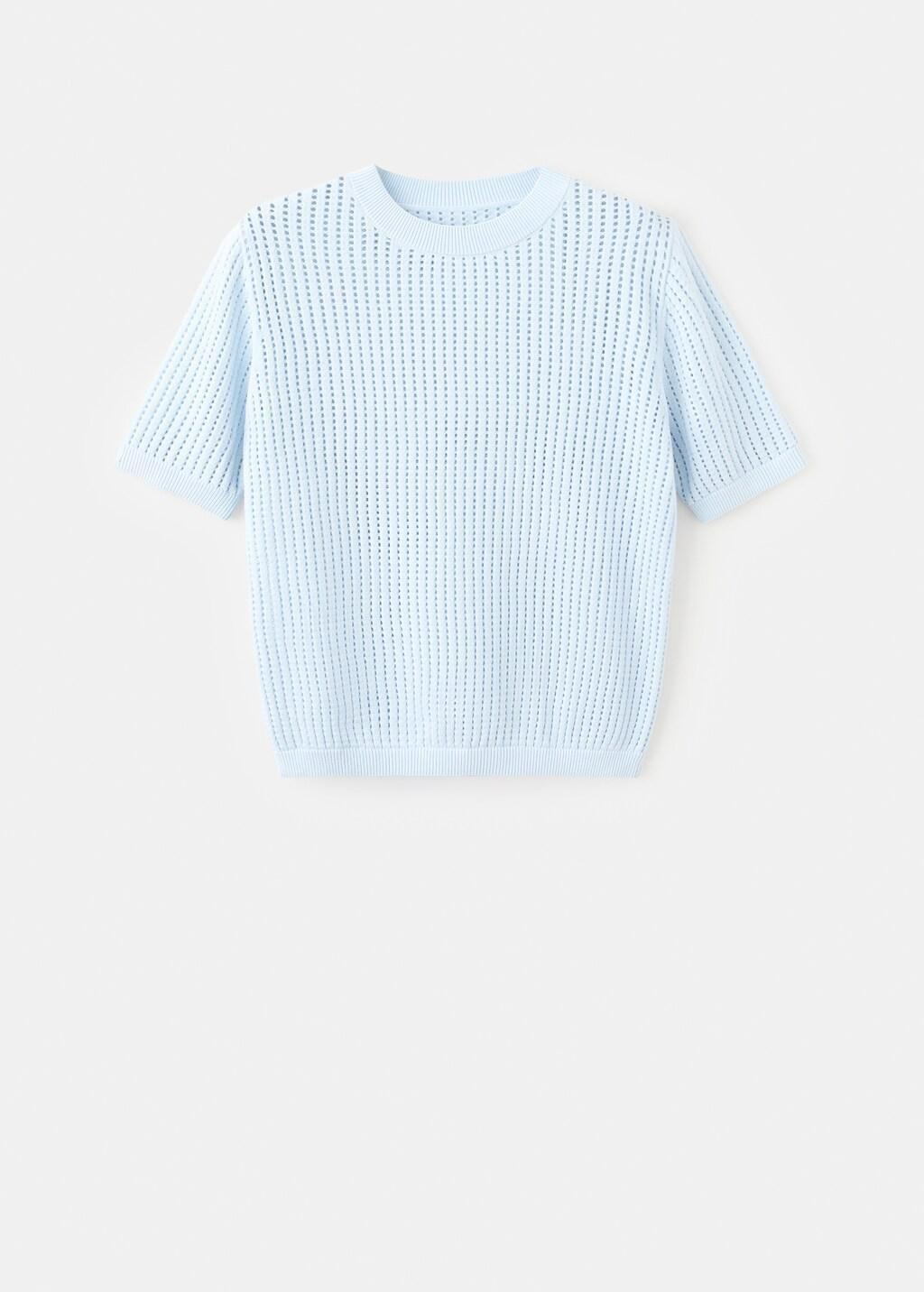 Blue Lt Pastel Short-Sleeved Openwork Knitted Sweater, Light-Pastel Blue, large image number 8