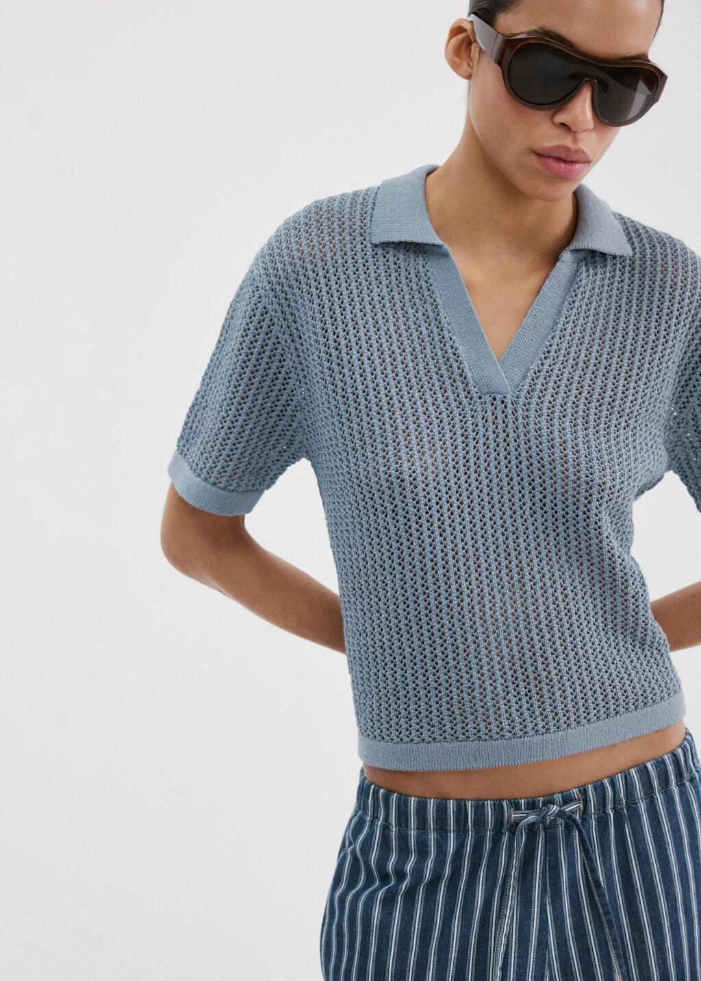 Blue Openwork Knitted Polo-Neck Sweater, 0201_50, large image number 3