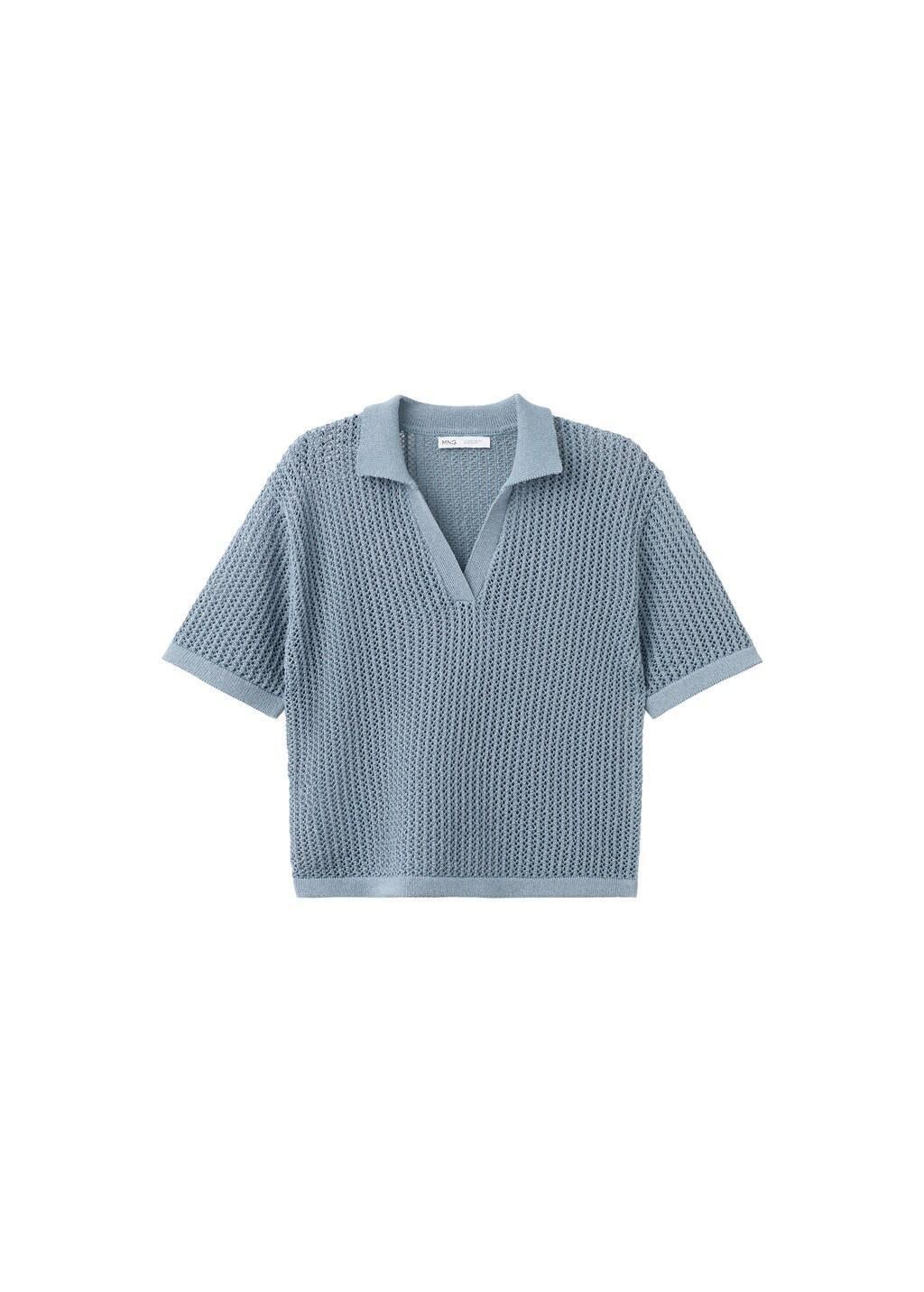 Blue Openwork Knitted Polo-Neck Sweater, 0201_50, large image number 6