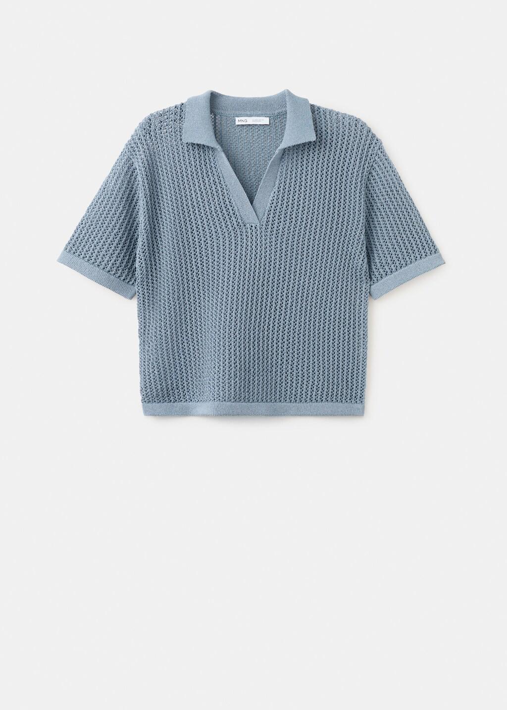 Blue Openwork Knitted Polo-Neck Sweater, 0201_50, large image number 7