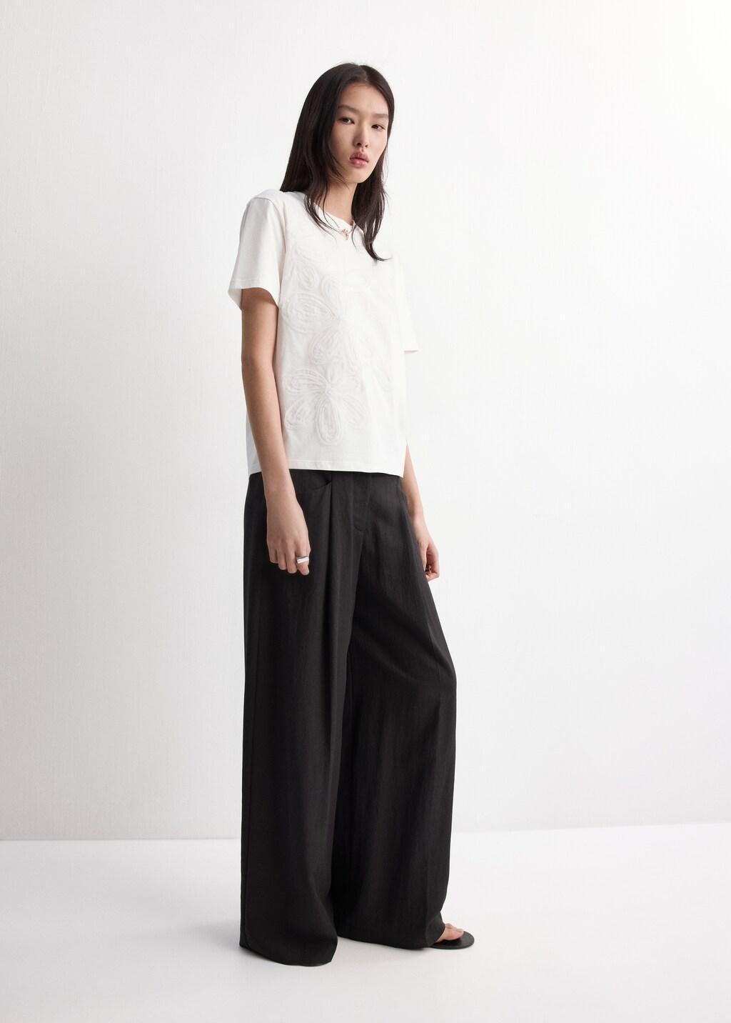 White Floral-Embroidered Cotton T-Shirt, Natural White, large image number 0